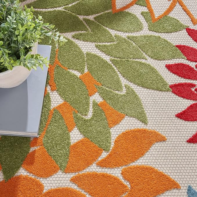 Nourison Home Aloha Indoor/Outdoor Green 7'10'' x Round Area-Rug, Tropical, Botanical, Easy Clean, Non Shedding, Bed Room, Living Room, Dining Room, Deck, Backyard, Patio (8 Round)