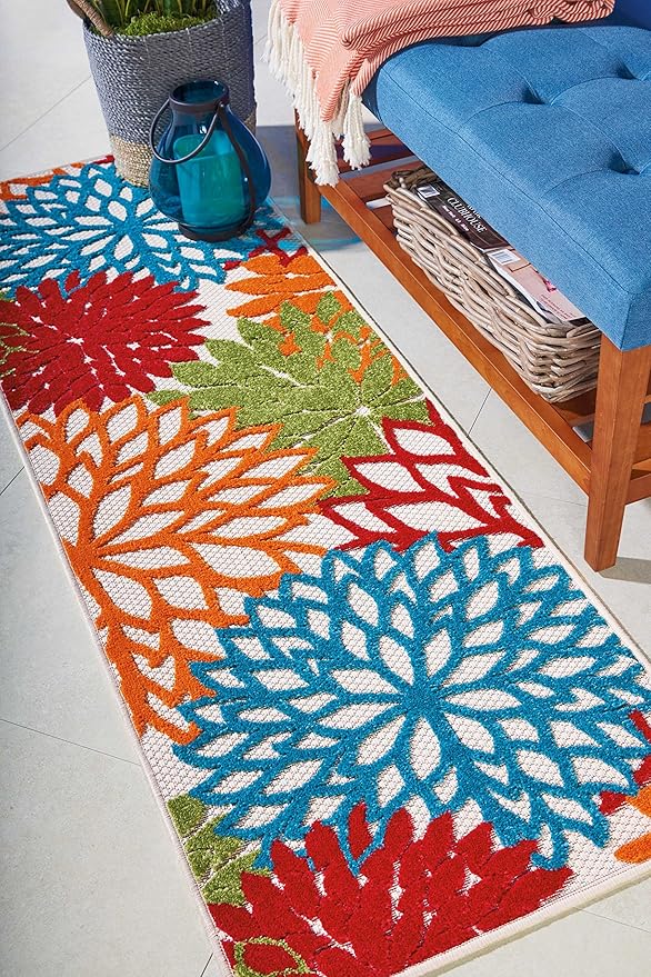 Nourison Home Aloha Indoor/Outdoor Green 2' x 6' Area Rug, Tropical, Botanical, Easy Cleaning, Non Shedding, Bed Room, Living Room, Dining Room, Deck, Backyard, Patio (2x6)