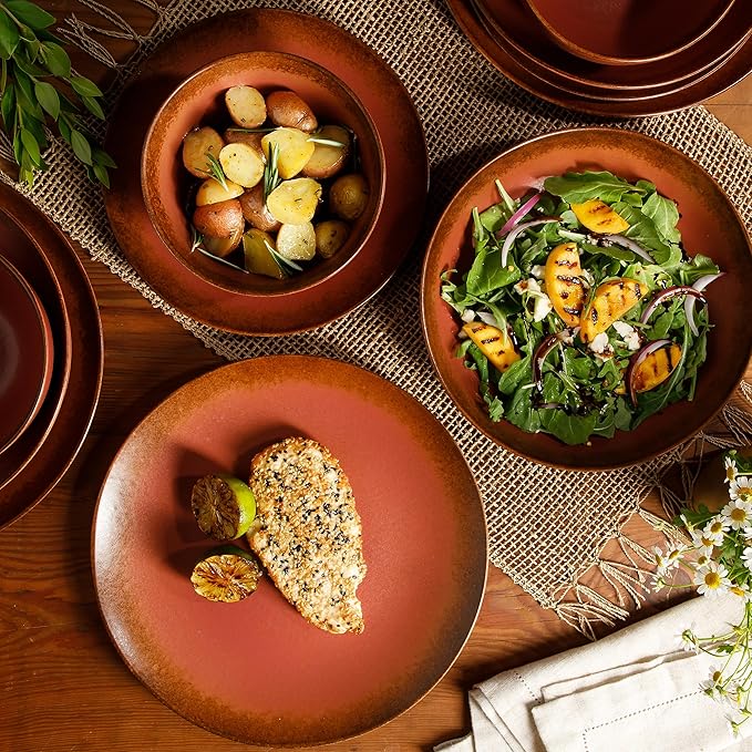 Bloomhouse - Oprah's Favorite Things - Palermo Sun Double Bowl Stoneware Reactive Glaze Plates and Bowls Dinnerware Set - Paprika Red, Service for Four (16pcs)
