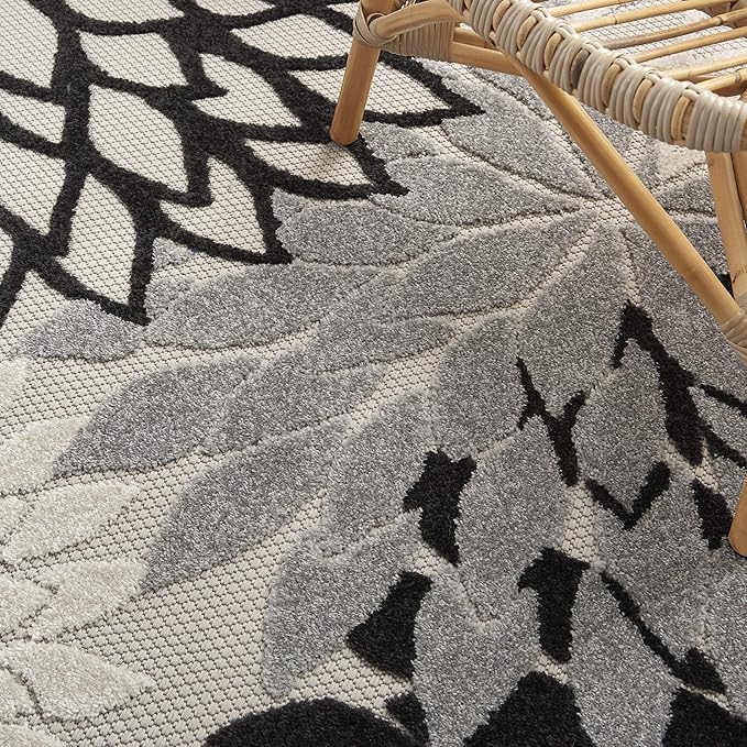 Nourison Aloha Indoor/Outdoor Black White 5'3" x 7'5" Area Rug, Tropical, Botanical, Easy Cleaning, Non Shedding, Bed Room, Living Room, Dining Room, Deck, Backyard, Patio (5x7)