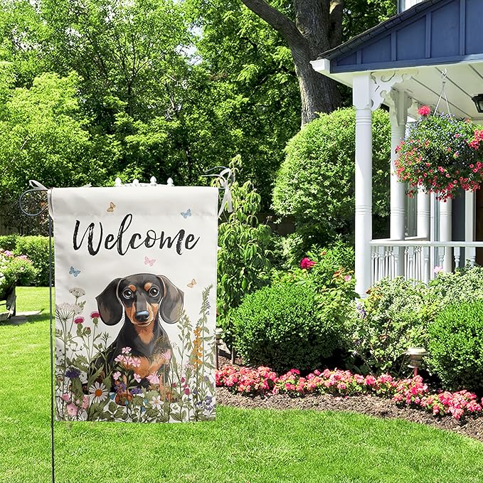 Floral Dachshund Garden Flag Spring Summer Yard Flag Flower Dog Garden Flags for Outside Small Outdoor Welcome Flags 12x18 Double Sided