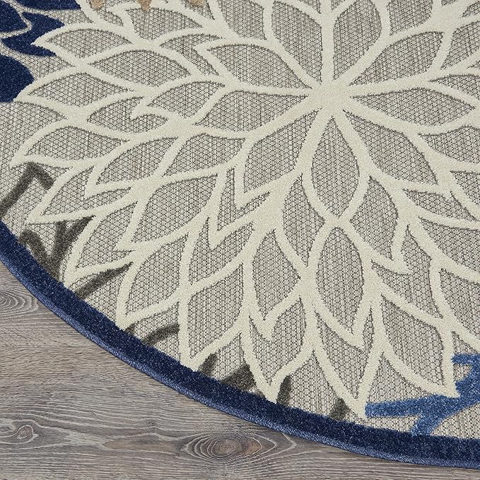 Nourison Aloha Indoor/Outdoor Blue/Multicolor 5'3" x Round Area Rug, Tropical, Botanical, Easy Cleaning, Non Shedding, Bed Room, Living Room, Dining Room, Deck, Backyard, Patio (5 Round)