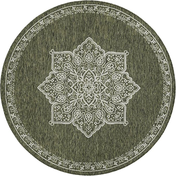 Unique Loom Outdoor Traditional Collection Area Rug - Antique (6' 1" Round Green/Ivory)