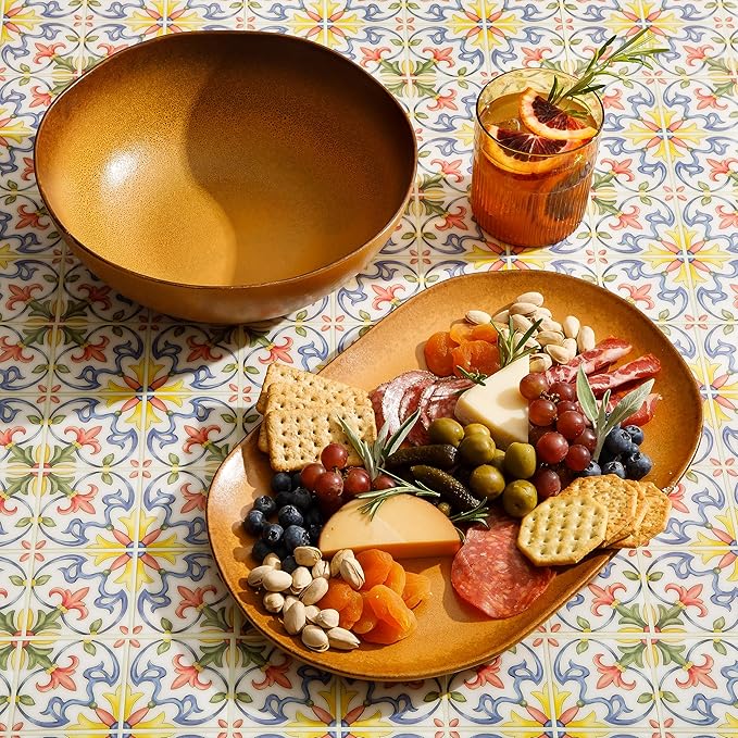 Bloomhouse Palermo Sun 2 Piece Serving Bowl and Oval Platter Stoneware Reactive Glaze Serveware Set - Turmeric Yellow