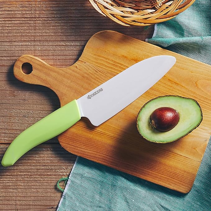 Kyocera’s Revolution Series 5.5” Ceramic Santoku Knife, Chef Knife For Your Cooking Needs, Green Handle, White Blade