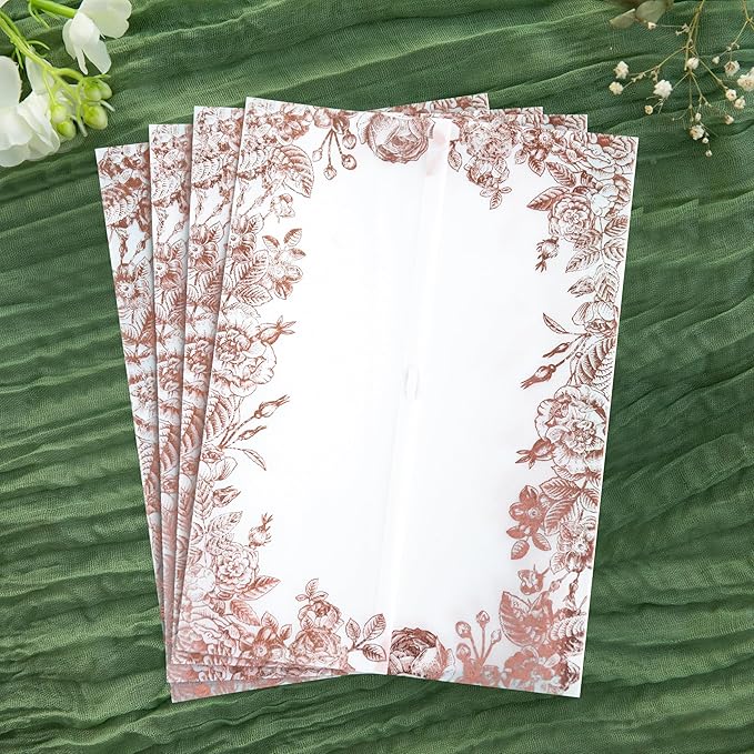 PONATIA 50 PCS Vellum Jackets for 5x7 Wedding Invitation Cards- 135gsm Floral Printed Vellum Sleeves, Invitation Cards Wraps (Rose Gold Foil)