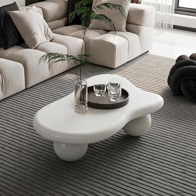 40 Inch Cloud Shaped Coffee Table with 3 Ball Legs for Living Room Cream White