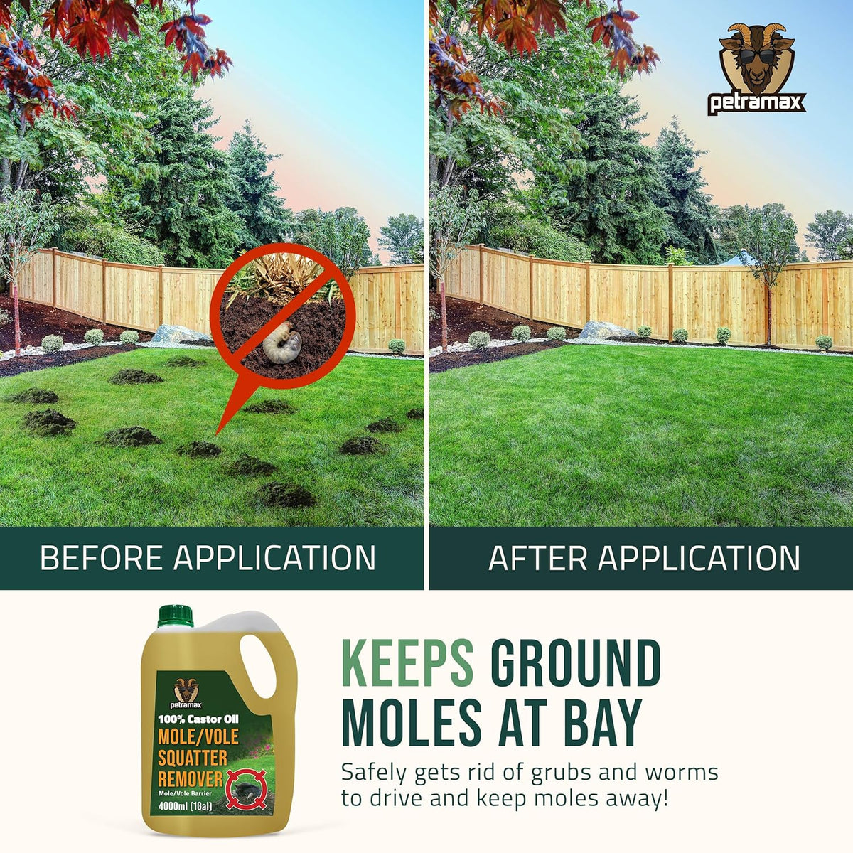Petra 100% Castor Oil for Moles and Voles - Get Rid of Moles & Voles - Most Effective Way to Get Rid of Moles in Your Yard - Gopher, Ground Mole, Vole Caster Oil - Pet Safe, Food Grade (135 Fl Oz)
