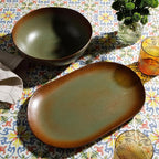 Bloomhouse Palermo Sun 2 Piece Serving Bowl and Oval Platter Stoneware Reactive Glaze Serveware Set - Cardamom Green