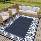 Outdoor Plastic Straw Rug, Waterproof Mat, Washable Large Floor Mat and Rug for Outdoors, RV, Beach, Patio, Camping, Backyard, Deck, Picnic, Outside (Olive-Leaf/Dark Blue&White,9x12ft)