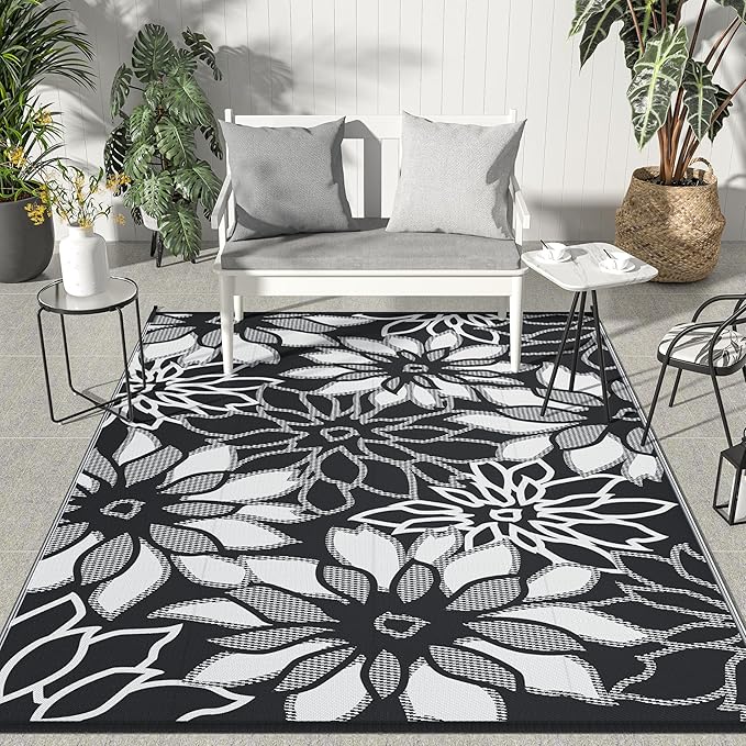 GENIMO Outdoor Rug Waterproof for Patio Decor, 8' x 10' Reversible Plastic Straw Floral Camping Carpet, Large Area Rugs Mats for RV, Camper, Deck, Balcony, Porch, Beach, Picnic, Black & White
