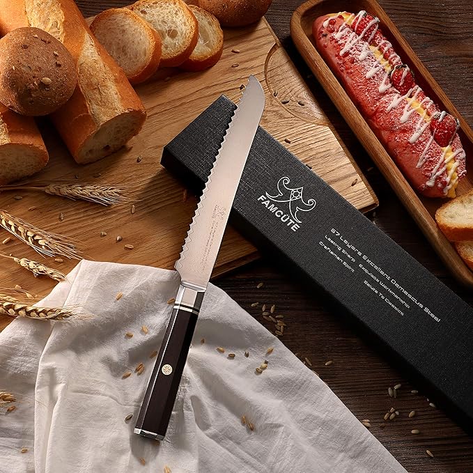8" Serrated Bread Knife, Made of 67 Layers Damascus w/Octago Indonesian Ebony Handle Professional Cuts Thick Loaves Effortlessly have Razor Sharp and Superb Edge Retention