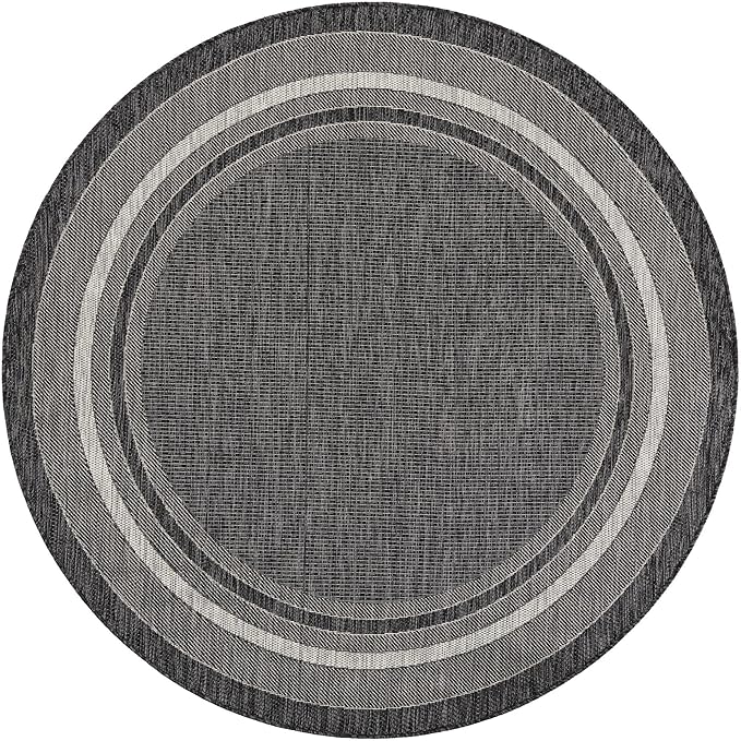 Unique Loom Outdoor Border Collection Area Rug - Soft Border (6' 1" Round Black/Ivory)