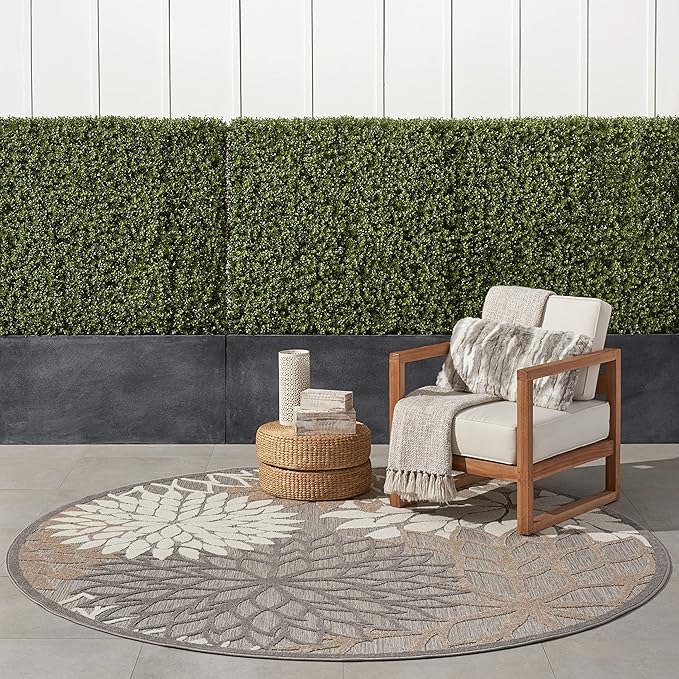 Nourison Aloha Indoor/Outdoor Area Rug 7’10”, Natural, Round Tropical Botanical Easy -Cleaning Non Shedding Bed Room Living Room Dining Room Deck Backyard Patio