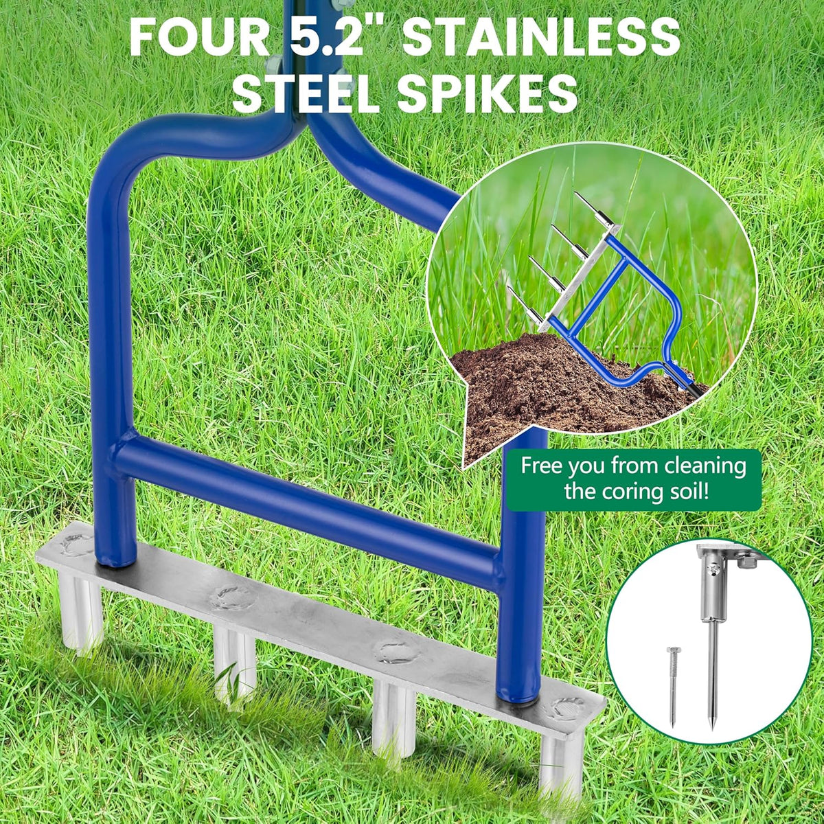 Spike Tine Fork Lawn Aerator - Four 5.2'' Stainless Steel Spikes Manual Gardening Hand Tool - Grass Dethatcher Aerator Lawn Tool with Solid Tines for Compacted Soil - Lawn Plugger Aerator