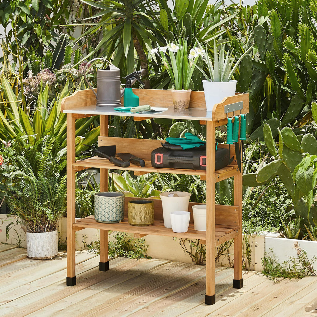 Yaheetech Potting Bench Outdoor Console Table w/3-Tier Storage,Natural Wood